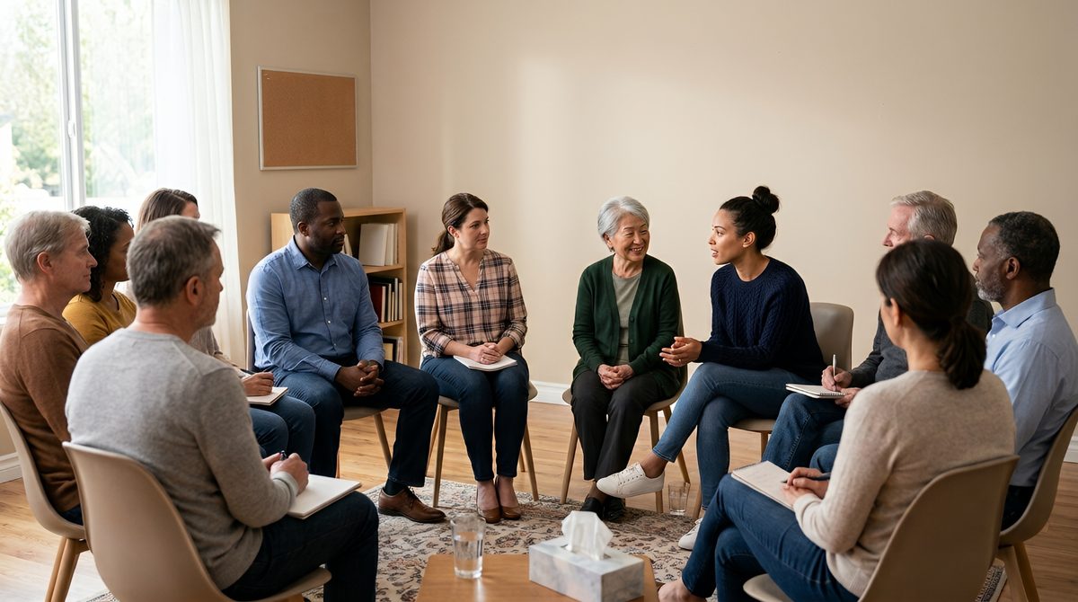 A diverse group of people connecting in a supportive group setting